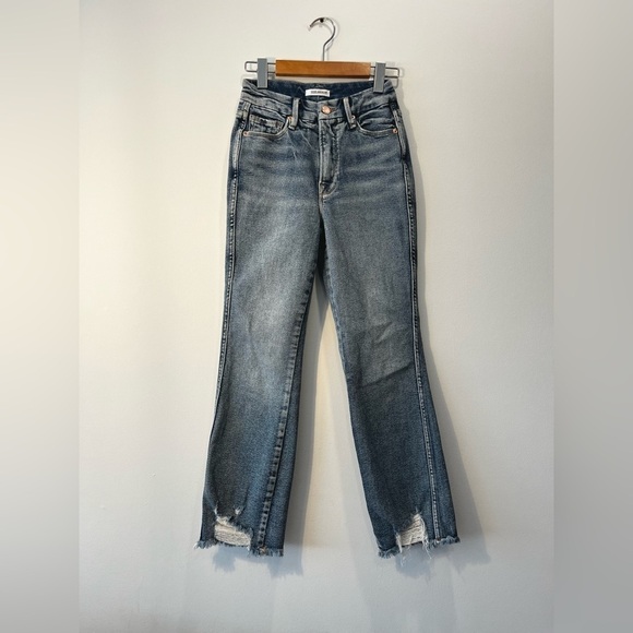 Good American Good Curve High Waist Frayed Hem Cutoff Straight Leg Jeans size 25 - Picture 6 of 11